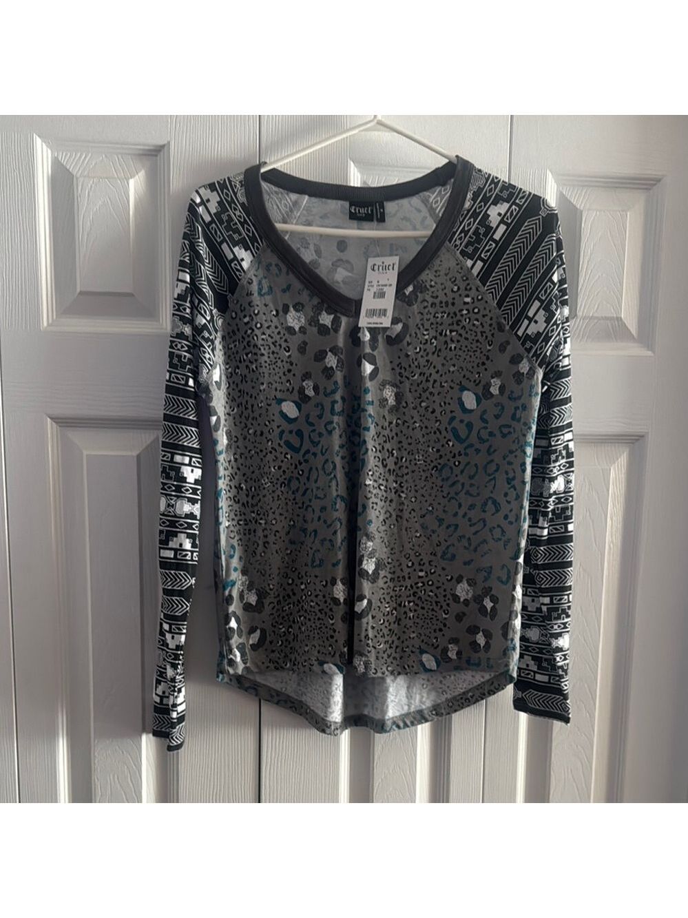 Cruel Girl Black/Blue and Gray Asymmetrical Graphic Blouse